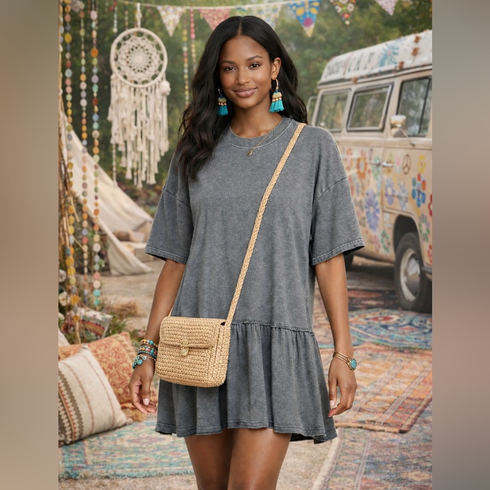 American Eagle Gray Ruffle Hem Mini Dress Size M Casual Soft Lounge Boho Chic